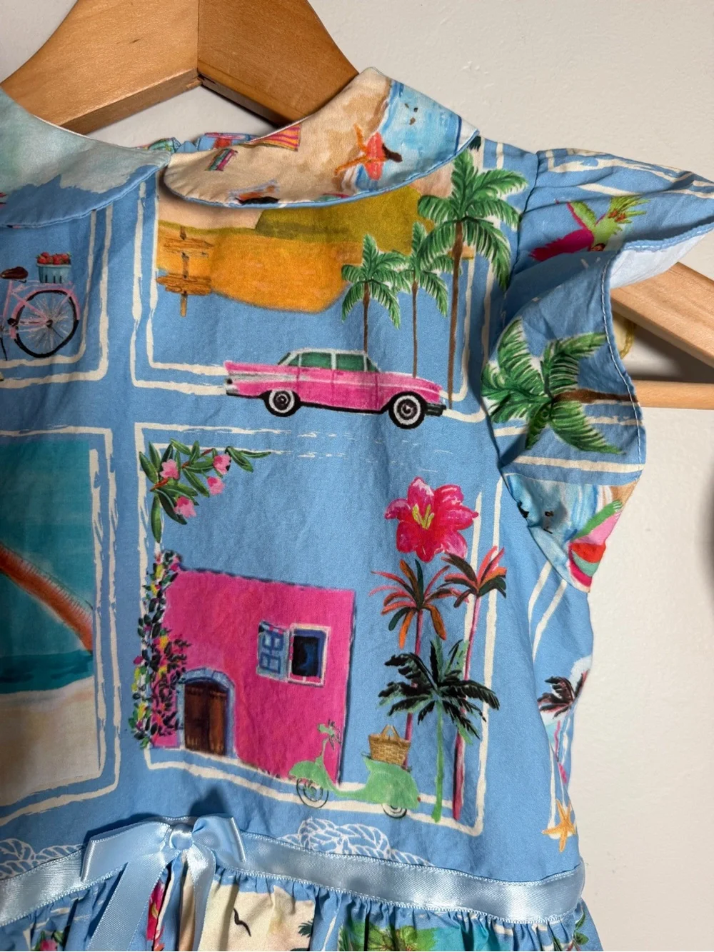 Patachou Girls Blue Postcard Beach Print Dress Size 8Y Cotton Peter Pan Collar